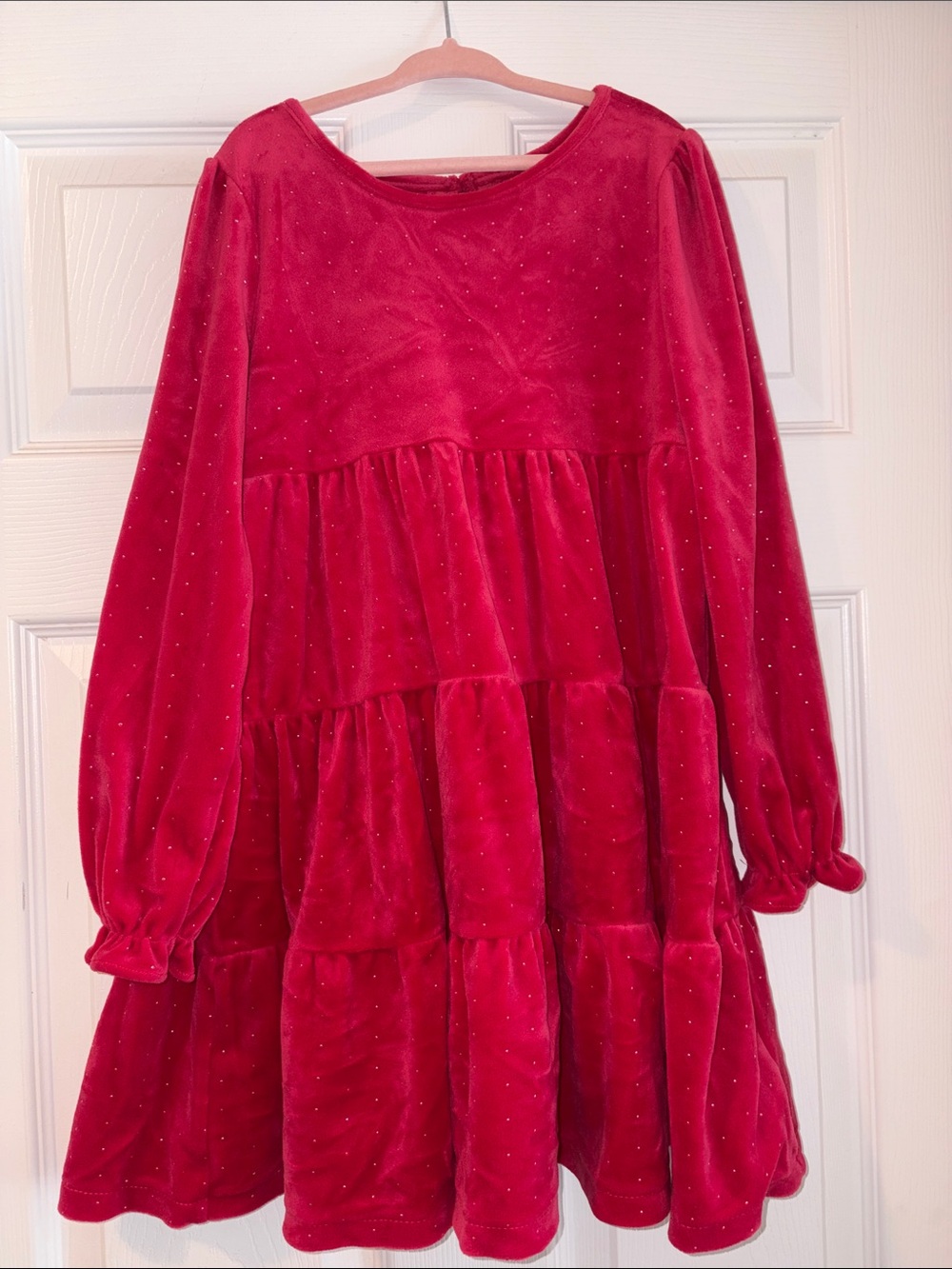 Tahari Girls' Ruby Red Velvet Tiered Dress with Subtle Sparkle